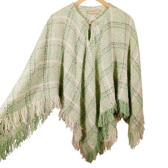 Boyne Valley Weavers Hand Crafted Ireland Mint Green Plaid Poncho Wool blend O/S - Picture 7 of 10